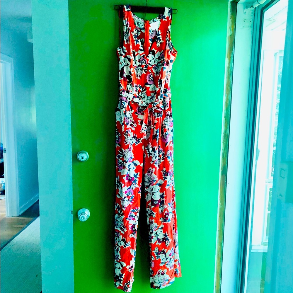 Red Floral Silk Jumpsuit